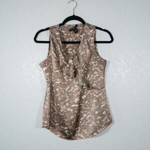 Ann Taylor Tan Satin Print Ruffle Front Tank Top Size 4‎ Petite